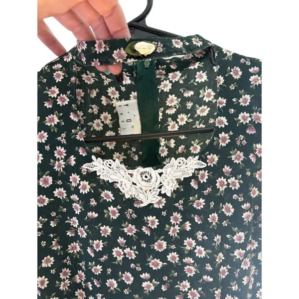 Vintage The Limited Green Floral Woven Mini Bodycon Dress Lace Trim Short Sleeve - Image 2
