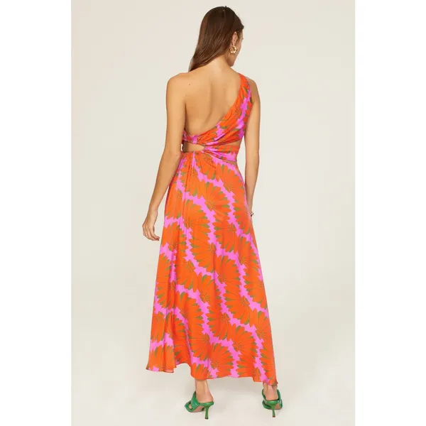 Farm Rio Copacabana Orange Printed One Shoulder Cut Out Maxi Dress Size Large - Image 3