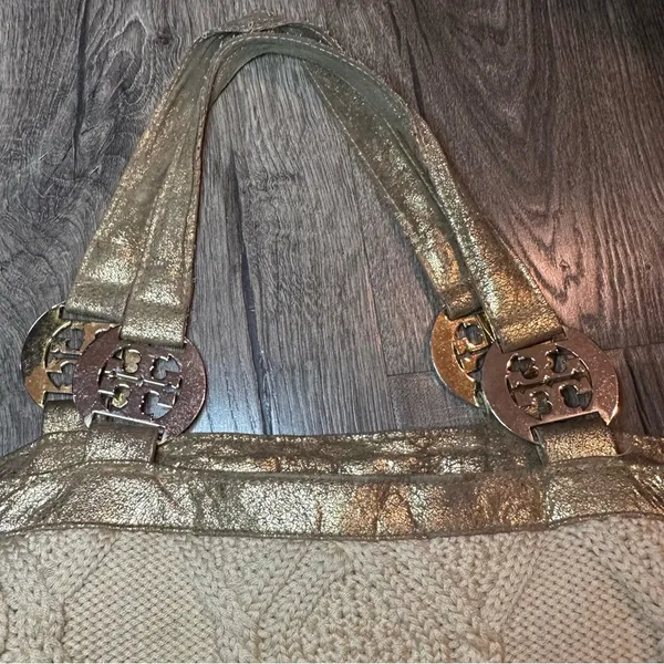 TORY BURCH Tote Bag Cable Knit METALLIC GOLD TRIM Wool Silk Lining Horse READ! - Image 15