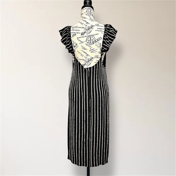 Zara Black Tan Striped Ruffle V‎ Neck Midi Dress Open Back Cottagecore Boho NWT - Image 5