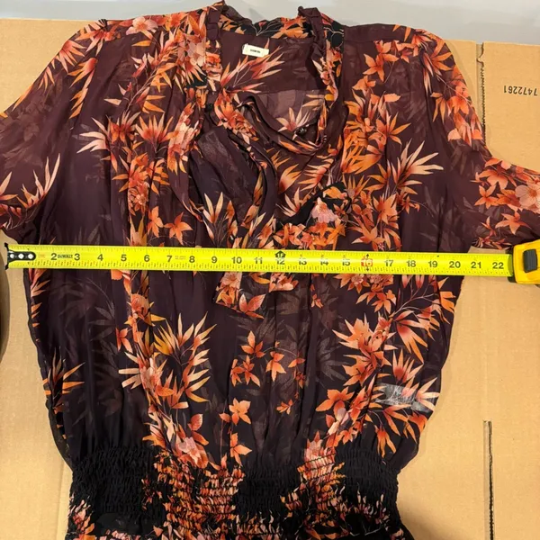 🍁 Warm New York‎ Floral Semi Sheer Neck Tie Blouse Burgundy Long Sleeve Elastic - Image 13