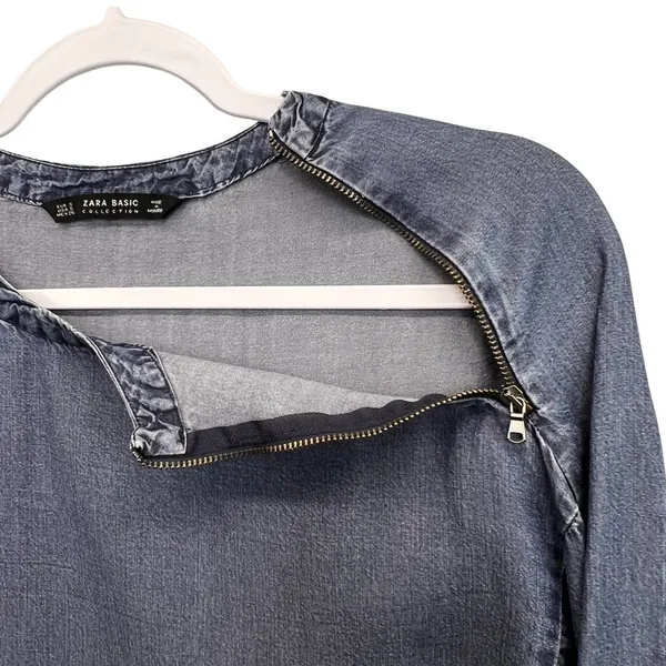 Zara Basic Long Sleeve Denim Shift Tunic Dress Shoulder Zip Blue Womens Size S‎ - Image 7