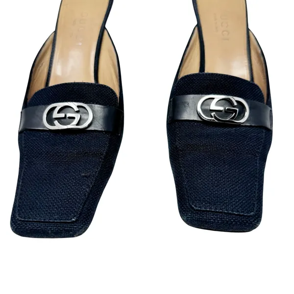Gucci GG Logo Canvas Mule Heels Black Square Toe Slide Pumps 7.5 Made in Italy - Image 3