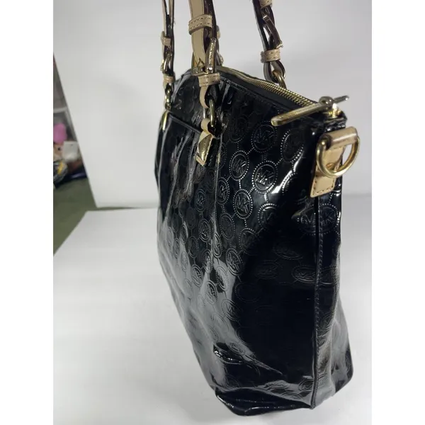 Michael Kors MK Logo Black Tote Bag Zip Gold Beige Straps Dust Bag - Image 6