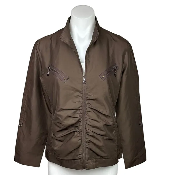 Black Vintage Brown Ruched Zip Up Pockets Collar Flight Utility Bomber Jacket M - Image 4