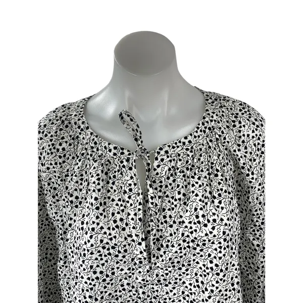 Ann Taylor Loft Black White Floral Tie Neck Long Sleeve Peasant Blouse Top Sz L - Image 2