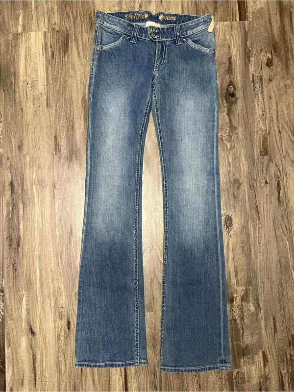 Vintage Y2K Twisted Heart Low Rise Flare Jeans Pink Rhinestone Embellished 27x35 - Image 2
