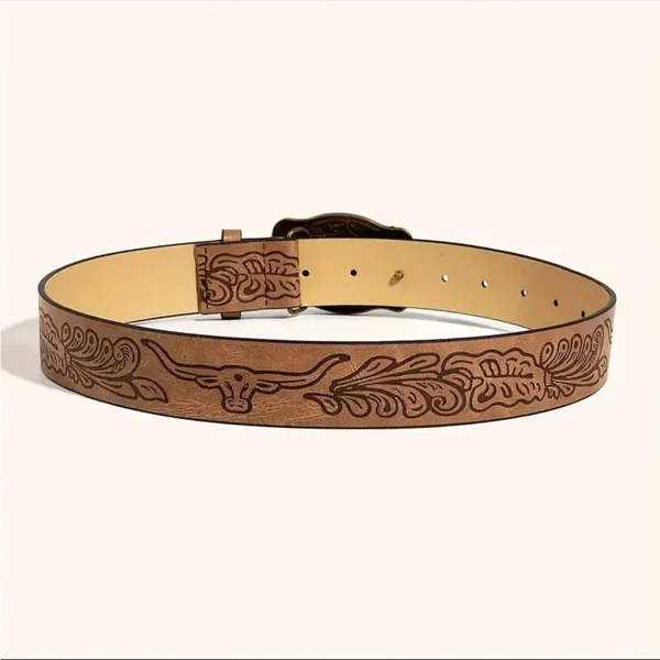 Western Bull Head Buckle Unisex‎ Belt Vintage Embossed Brown PU Leather Belt - Image 7