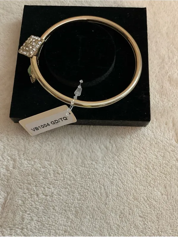 Gold-Tone Crystal Square & Green Accent Bangle Bracelet - Image 4