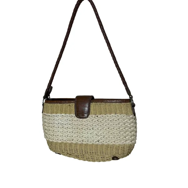Vintage Coldwater Creek Woven Straw Shoulder Bag Brown Heart Medallion - Image 9