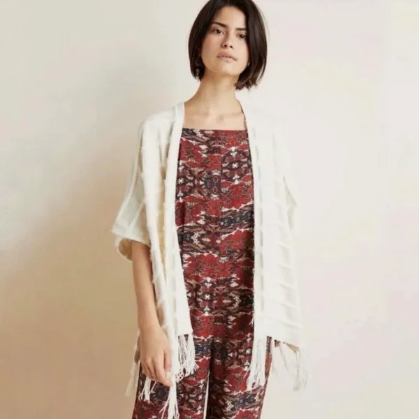 Akemi + Kin by Anthropologie Cream Miette Chenille Fringe Cardigan Poncho - O/S - Image 2