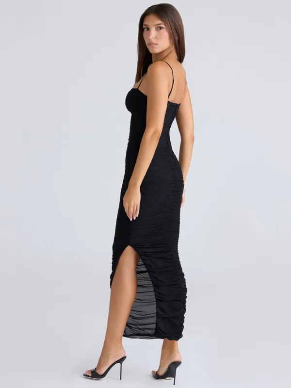 House of CB Fornarina Black Gathered Ruched Mesh Maxi Dress LG - Image 13