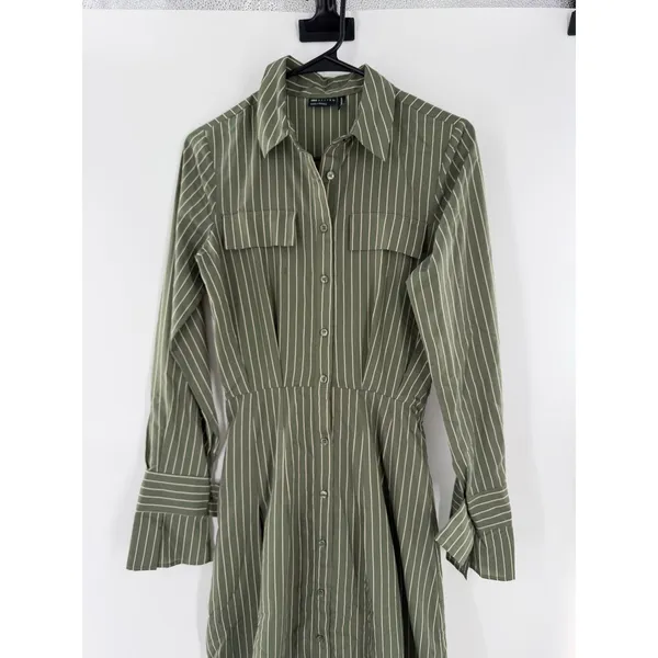 ASOS Shirt Dress Olive Green Pinstripe Maxi SZ 0 Safari Scandi Utility Military - Image 3