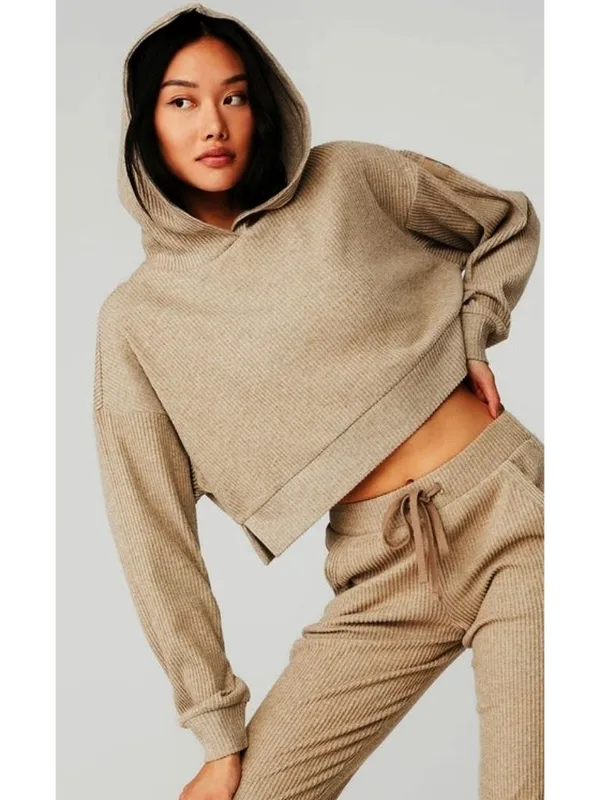 Alo Muse Hoodie Gravel Heather Tan Ribbed Stretchy Sweatshirt Sweater Pullover L - Image 6