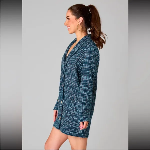 BuddyLove Blue Green‎ and Gold metallic tweed Blazer dress Size Medium - Image 3