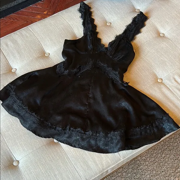 Urban Outfitters Black Satin Lace Trim Mini Dress Size Small - Image 6
