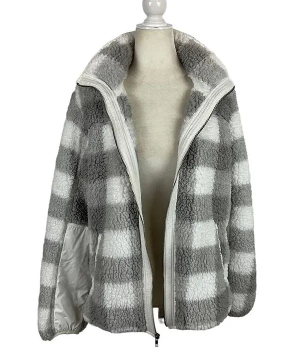 Abercrombie Sherpa Check Fleece Plaid Full Zip Jacket Coat Gray and White Size Medium - Image 13