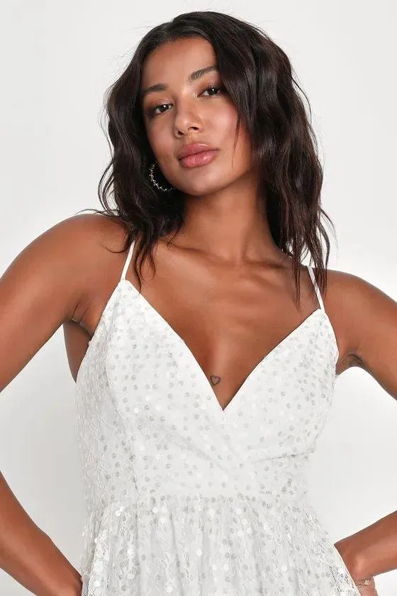 Lulus Dreamy Drama White Lace Sequin A-Line Midi Dress - Image 2