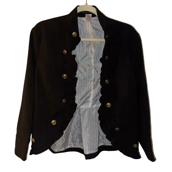 APOSTROPHE Military Chic Ruffle Blazer in Black with Gold Buttons Size Large New - Image 2
