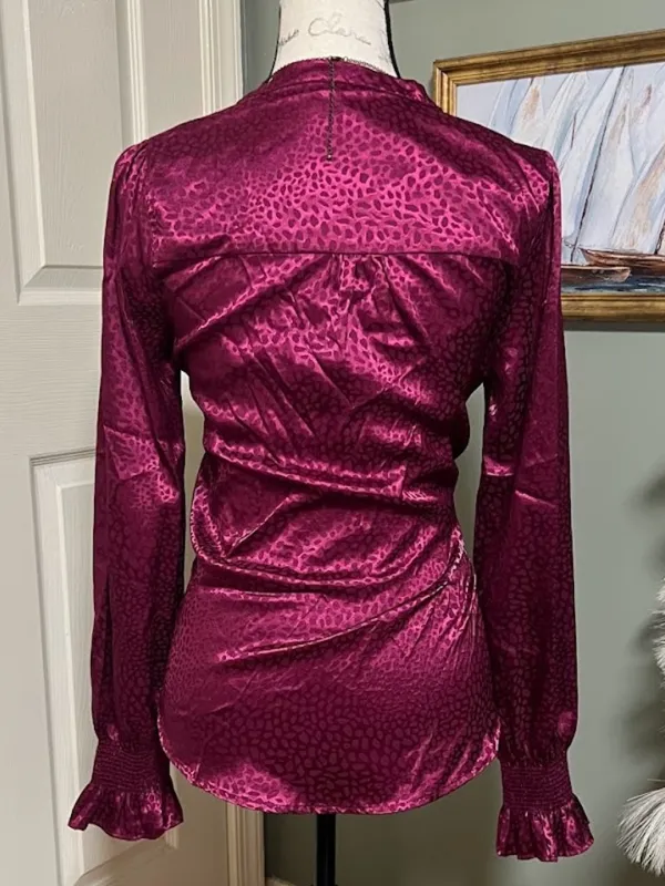 Burgundy Satin Ruffle Blouse Size S Romantic Vampy Dark Feminine Fall - Image 2