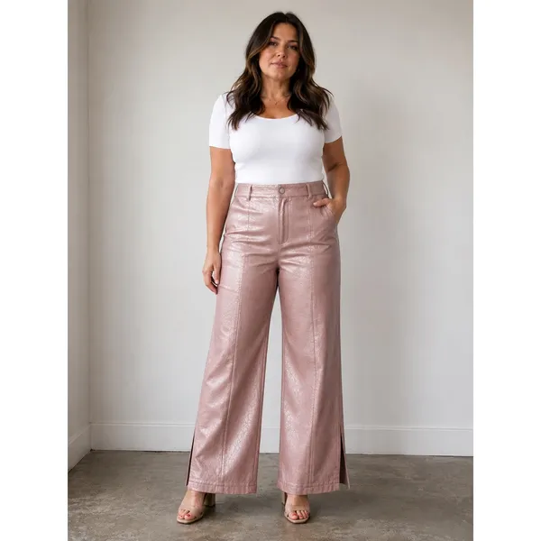 Forever 21 Metallic Pink Faux Leather Wide Leg Pants High Rise Slit Hem Large - Image 2