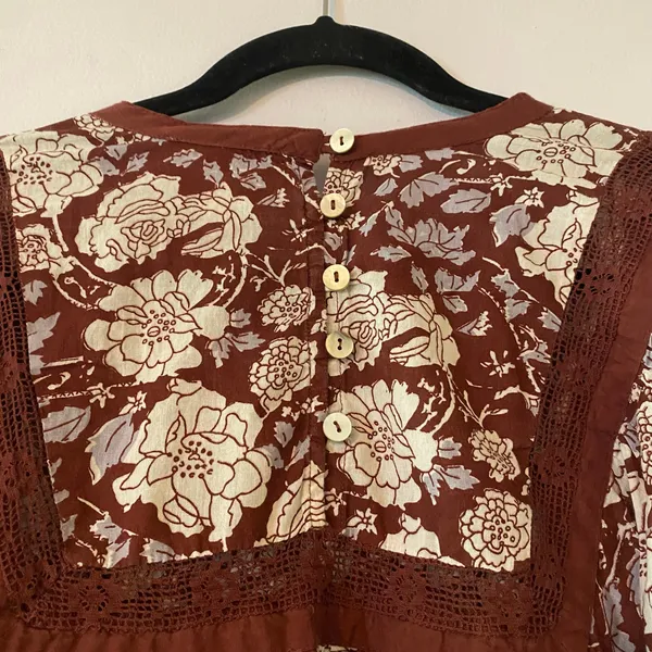 Cleobella Burgundy Red White Floral Smocked Lace Peasant Blouse Cotton Women XL - Image 6