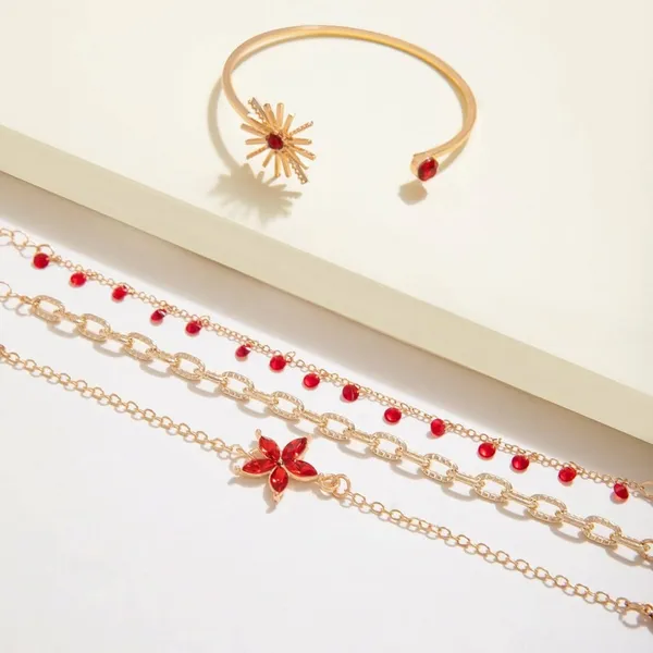 Set 4pcs Adjustable Bracelets Chain Crystal Red Sun Flower Boutique - Image 5