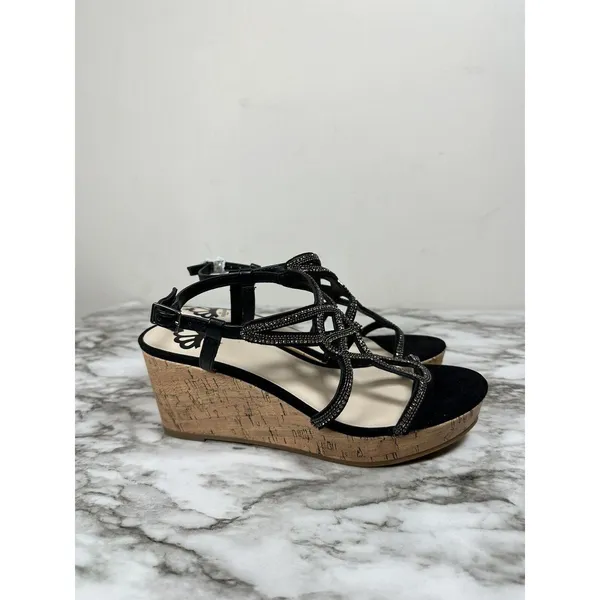 Fergalicious Mimic Wedge Sandals Women 6.5 Black Rhinestone Strappy Platform - Image 5