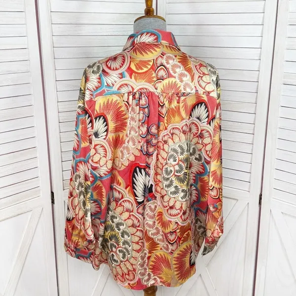 Jodifl Boho‎ Printed Satin Button Up Blouse Shirt Orange Multi Large - Image 5