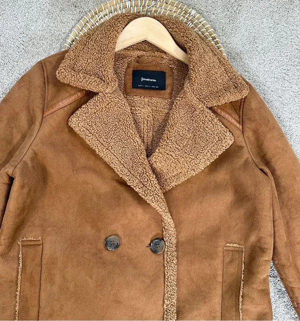 Stradivarius Women’s Faux Suede Teddy Shearling Long Coat Jacket in Brown L - Image 2