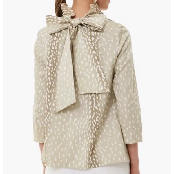 Tuckernuck Faye Antelope Deer Print Blouse M Ruffle Collar Bow Tie Swing Top - Image 3