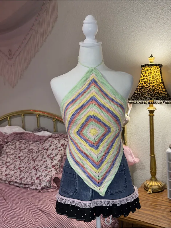 Handmade Pastel Multicolor Crochet Halter Camisole Top - Image 4