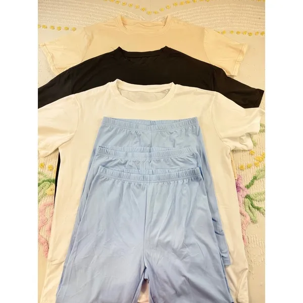 Shein 3 Piece Basic T Shirt Biker Shorts Set 3 piece S Beige Black White Blue‎ - Image 2