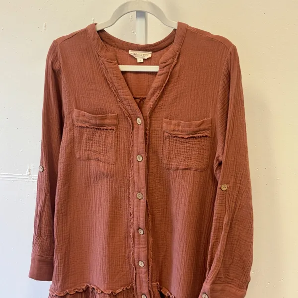 Vanilla Bay Rust Cotton Gauze Button Down Oversized Tunic Mini Dress Sm Relaxed - Image 3