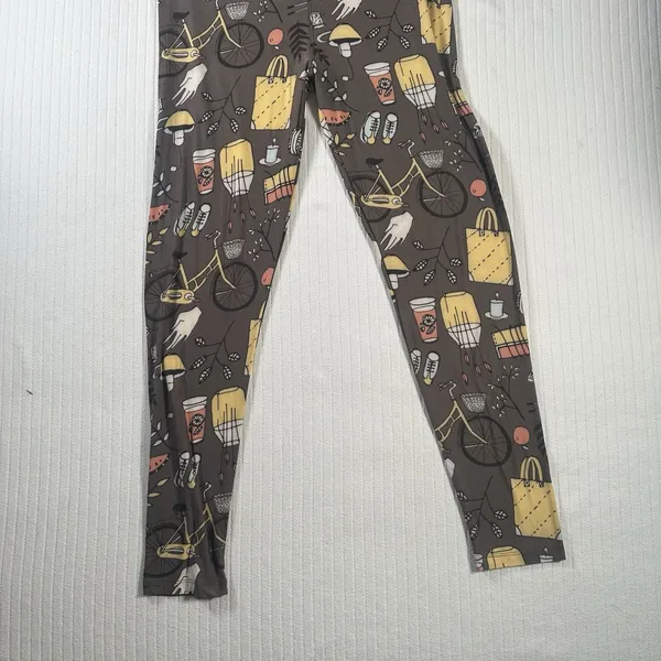 LuLaRoe Tall & Curvy TC Leggings Women’s Gray Floral Bike Coffee Print - Image 2