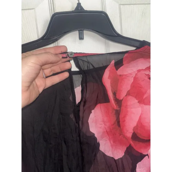 TOV Los Angeles Red Black Floral Ruffle Sleeve Sheer Crinkle Midi Dress 44 XL - Image 6