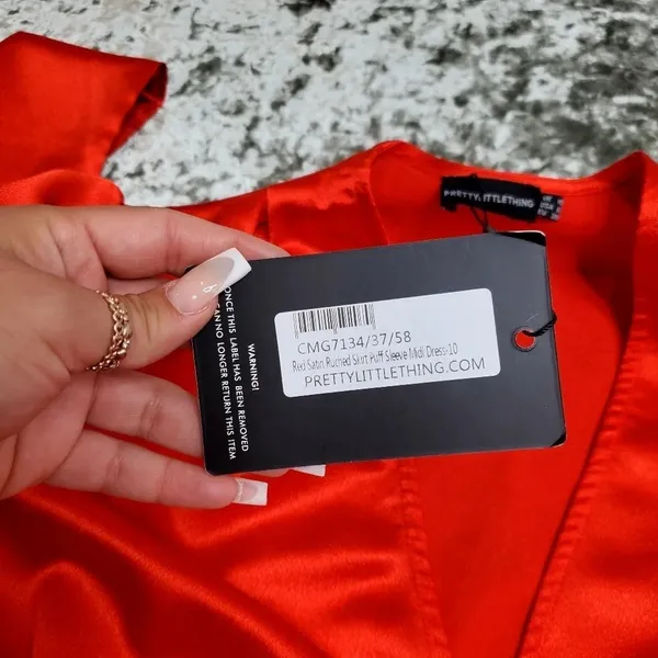 PrettyLittleThing‎ Red Satin Ruched Skirt Puff Sleeve Midi Dress - Image 8