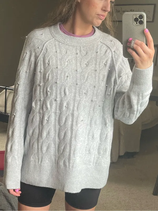 Aerie Cable Knit Pearl Detail Sweater - Image 5