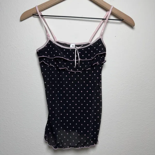 Women Baby Cami Top Small Black Pink Polka Dot Mesh Ruffle Trim Bow Y2K Indie - Image 2