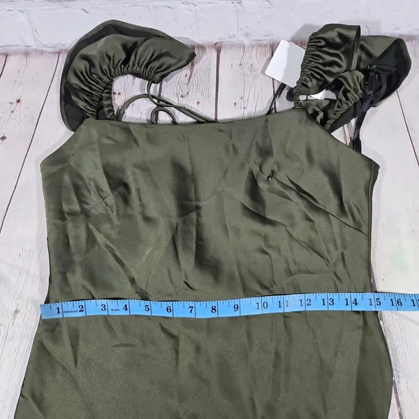 Social Bridesmaids Olive Green Satin Ruffle Flutter‎ Sleeve Maxi Dress XS 8219 - Image 11