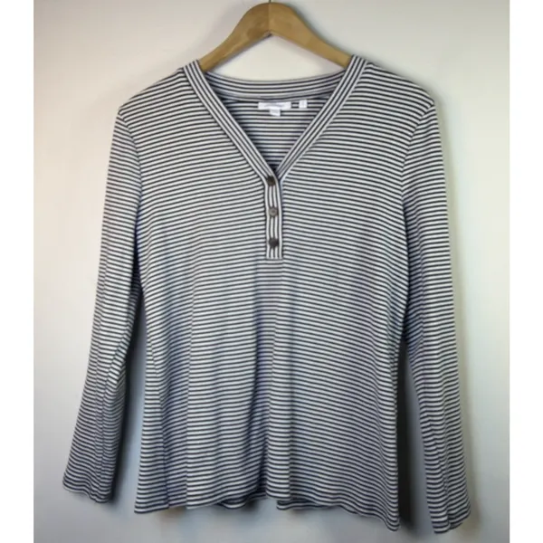 Chico's 2 Womens Large dark Navy Blue Stripe Ribbed Henley shirt cottagecore - Image 2