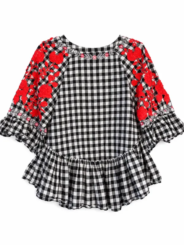 Anthropologie Panknj & Nidhi Tunic Women Medium Black Gingham Red Floral Peplum - Image 5