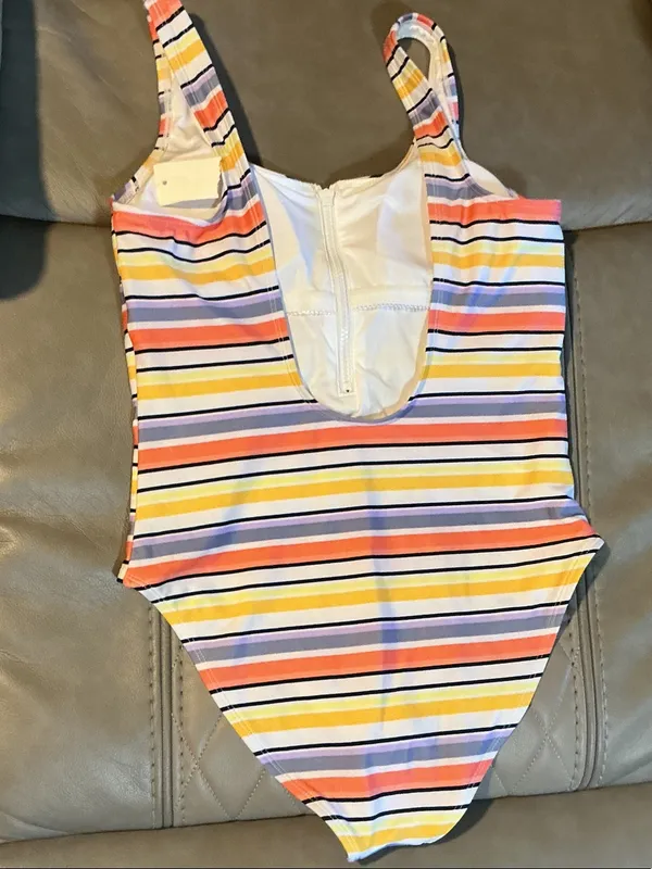 Striped Zip-Front One-Piece Swimsuit in Yellow, Pink & Blue - Image 3