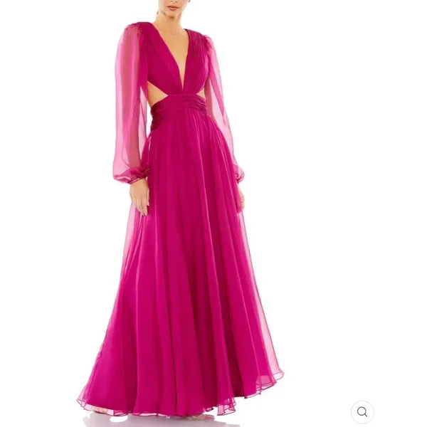 NWT Mac Duggal 55823 RUCHED CUT OUT PUFF SLEEVE A LINE GOWN Berry 12 - Image 3