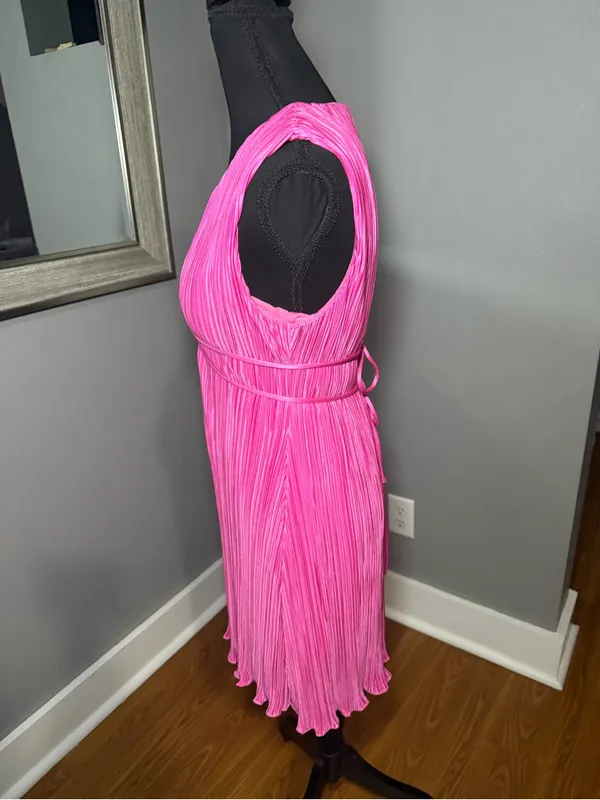 NWT Hello Molly Seen In plisse pleated textured tie pink Barbie mini dress small - Image 4