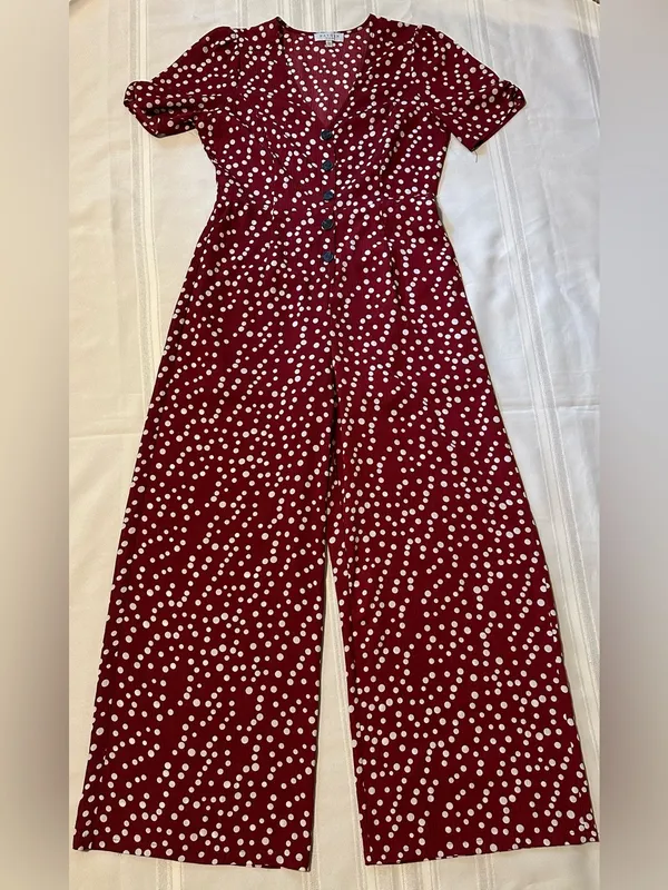Hayden Los Angeles V-Neck Burgundy Polka Dot Button-Front Jumpsuit - Image 4