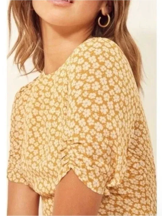 Reformation Gracie Short Sleeve Floral Print Crepe Mini Dress In Peru Yellow 12‎ - Image 3