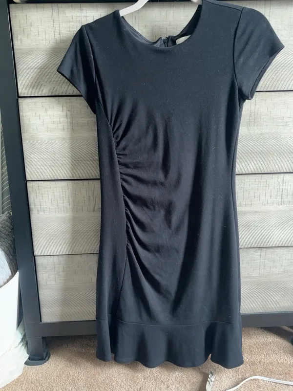 LOFT Size 0 Black Ruched Flounce Hem Sheath Dress - Image 2