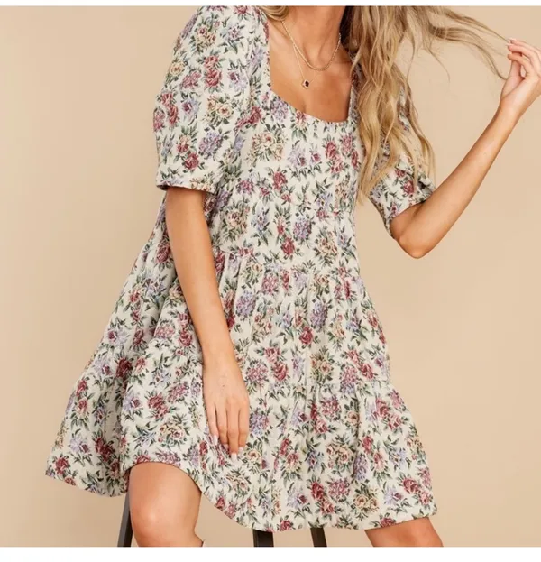 Brand new floral print mini dress with puff sleeves and square neckline - Image 5