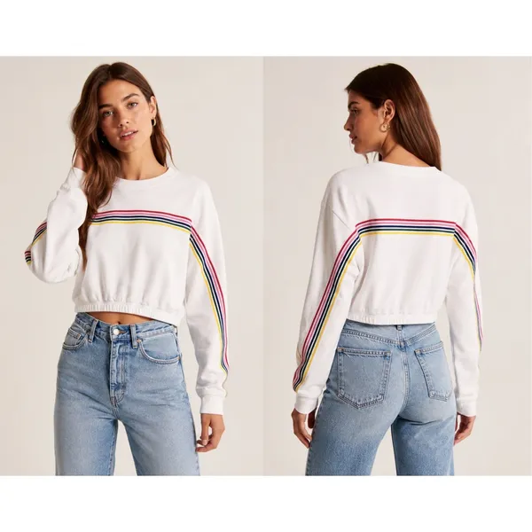 Abercrombie & Fitch Womens‎ XS White Rainbow Stripe Cropped Sweatshirt Pullover - Image 2